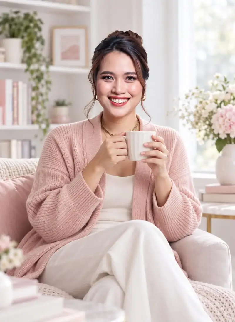 โค้ชปุ๋ยยิ้มแย้มถือแก้วกาแฟนั่งบนโซฟาในห้องนั่งเล่นโทนชมพู