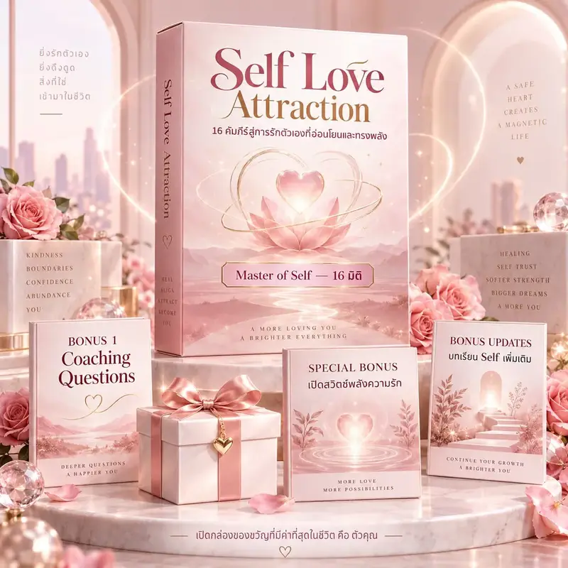 ปกคอร์ส Self Love Attraction โดยโค้ชปุ๋ย — กล่องคอร์สโทนชมพูพร้อมกล่องโบนัส